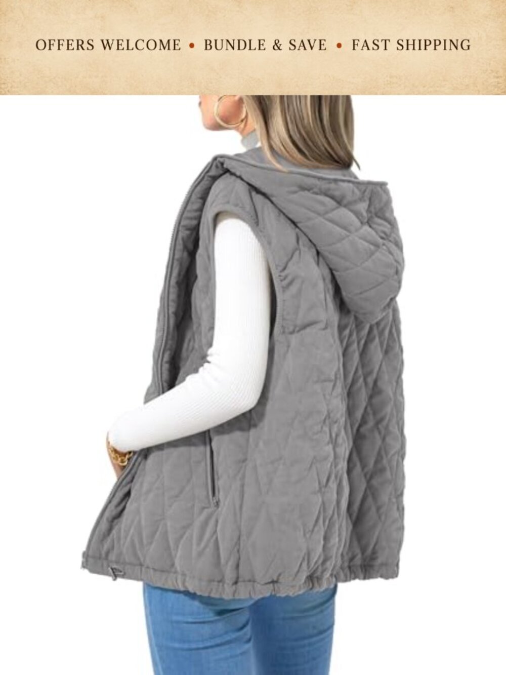 Women's Sleeveless Hooded Zip Up Puffer Vest Quilted Warm Winter Outerwear